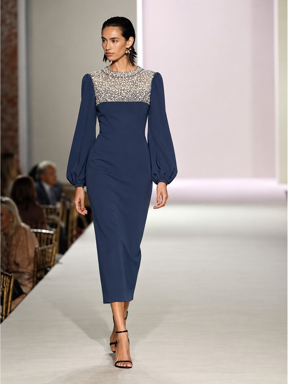 Badgley Mischka Couture Navy Crystal Embellished Modest Dress sz 4 Long Sleeve